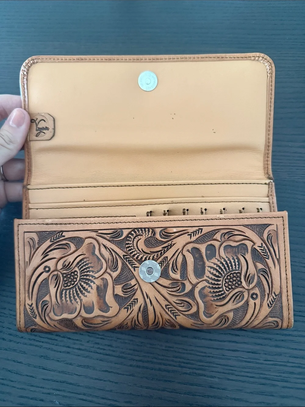 Hand-Tooled Floral Leather Wallet - Caramel Tan